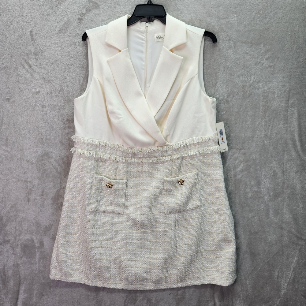 Eliza‎ J Blazer Dress 16W Ivory Tweed  Fringed Pockets Gold Buttons Sleeveless